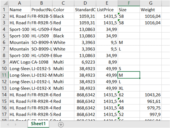 excel file with product data