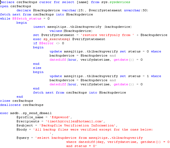 Cursor to iterate and test all backup files in SQL Server 2005