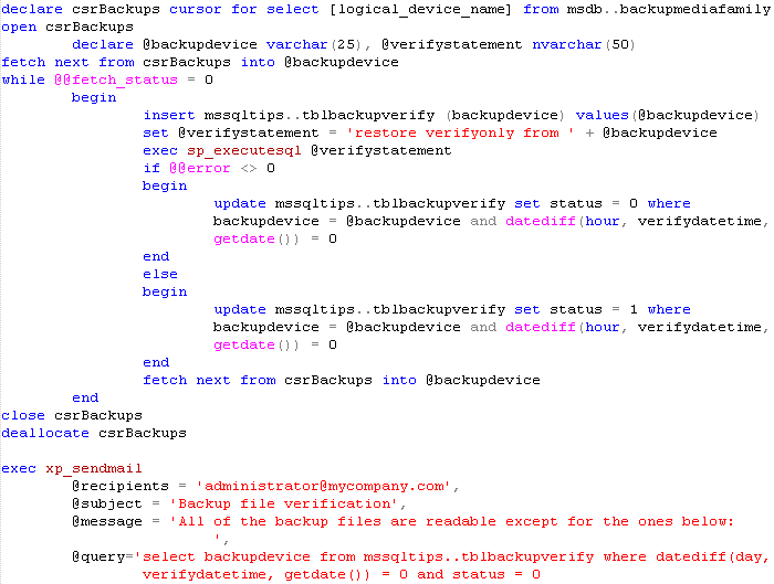 Cursor to iterate and test all backup files in SQL Server 2000