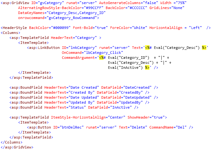 Code for GridView in Visual Studio