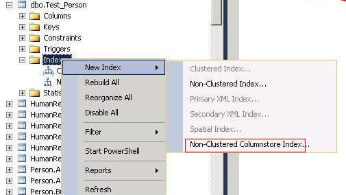 create columnstore index using SSMS