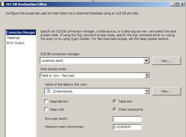 I am using the fast load option with the tablelock option in the OLE DB Destination Task