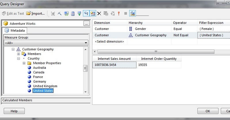 In Visual Studio Query Designer, choose the Country attribute of the Geography dimension