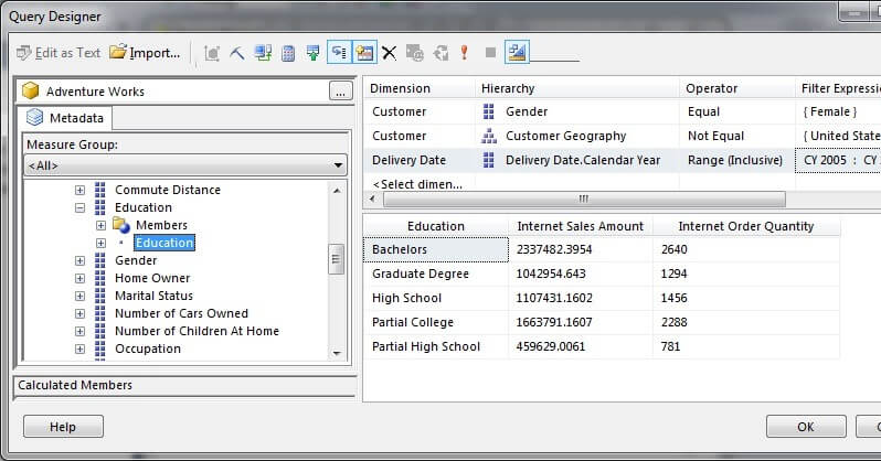 In Visual Studio Query Designer, drag the Education attribute of the Customer dimension