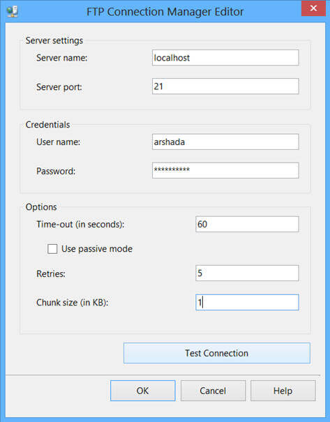 Clicking on Add button on the above dialog box will bring up a FTP Connection Manager Editor