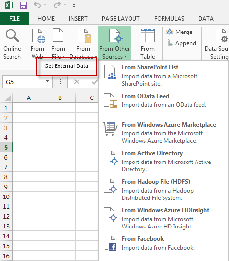 click on the Data Explorer tab you will notice Get External Data