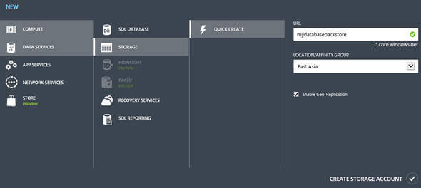 Creating Windows Azure Storage Account for backup storage