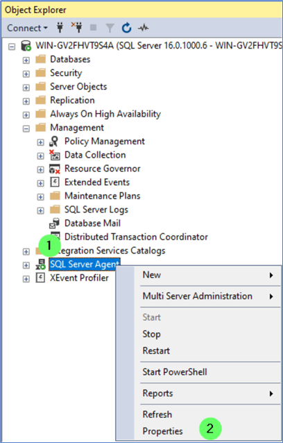 SQL Server Agent Properties menu