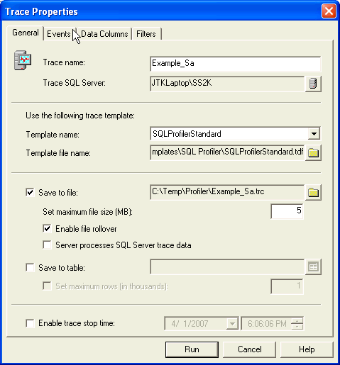 SQLServer2000 Profiler GeneralTab