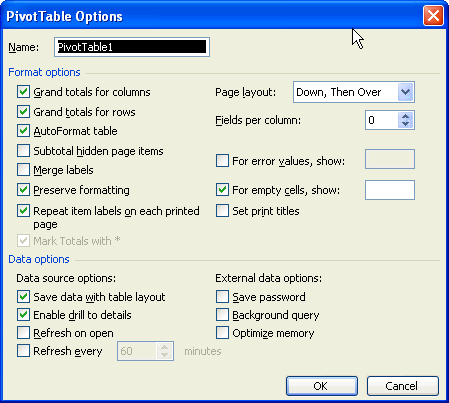 pivot table options
