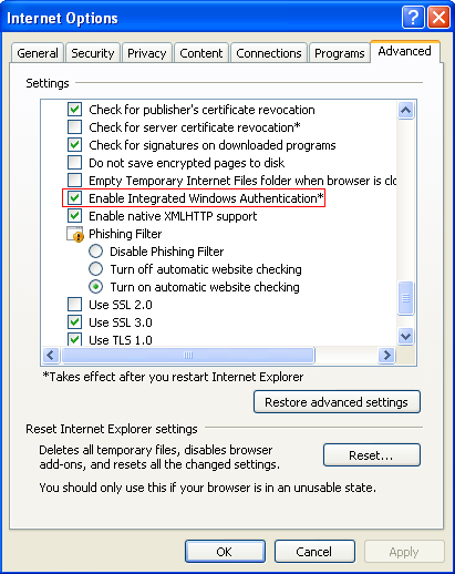 Default setting for Windows Integrated Authentication in Internet Explorer