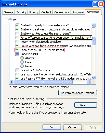 Default setting for User-Friendly messages in Internet Explorer