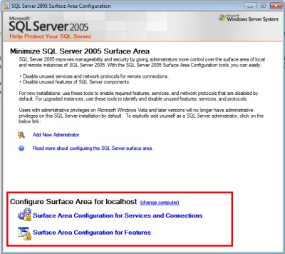 SQL Server Surface Area Configuration initial screen