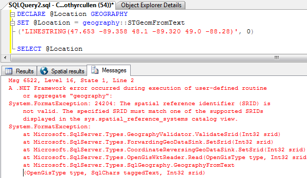 Eror generated when specifying an invalid Spatial Reference Identifier