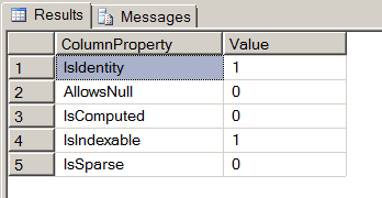 The COLUMNPROPERTY system meta data function is used to get the information about a column of the table or a parameter of the stored procedure. For example, to check if the column is an identity column you use IsIdentity property