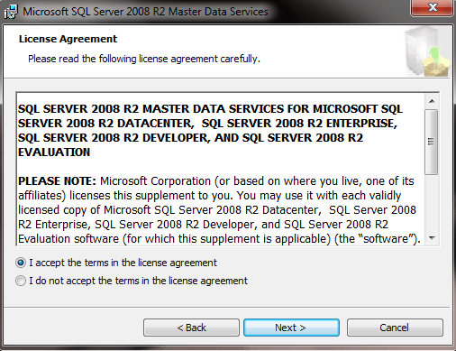 License Agreement windows for Master Data Services