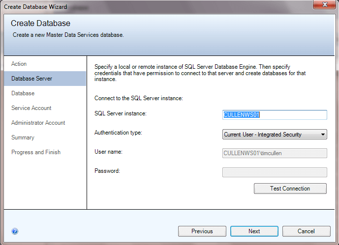 Specify the SQL Server instance and authentication method