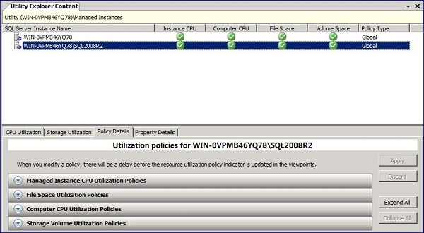 select a SQL Server instance, then click the Policy Details tab