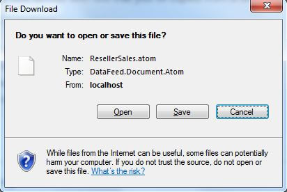 Click Save to download the atom file that contains the data in the data feed in XML format