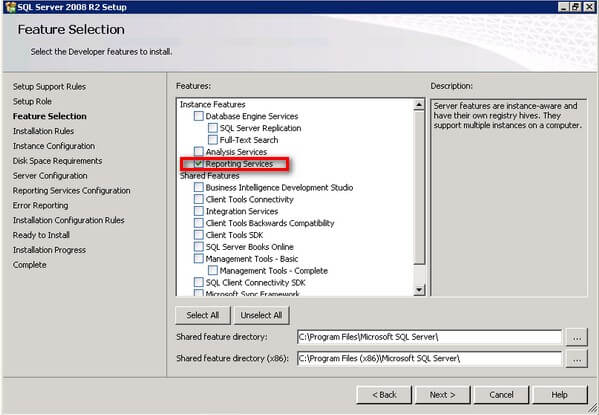 SQL Server 2008 R2 Feature Selection Reporting Services