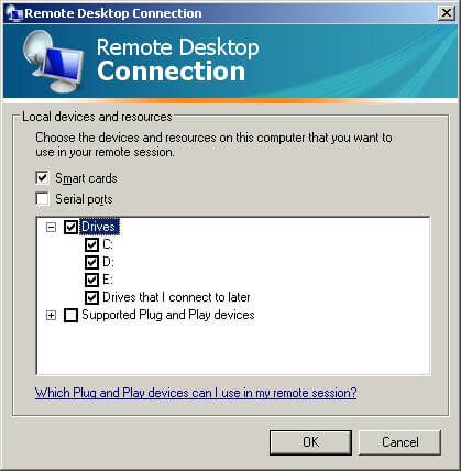 Mapping local drives to remote computer's desktop session