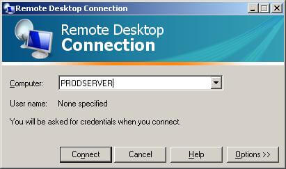 Options button in the Remote Desktop Connection window