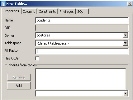 Specify the table properties in Postgres