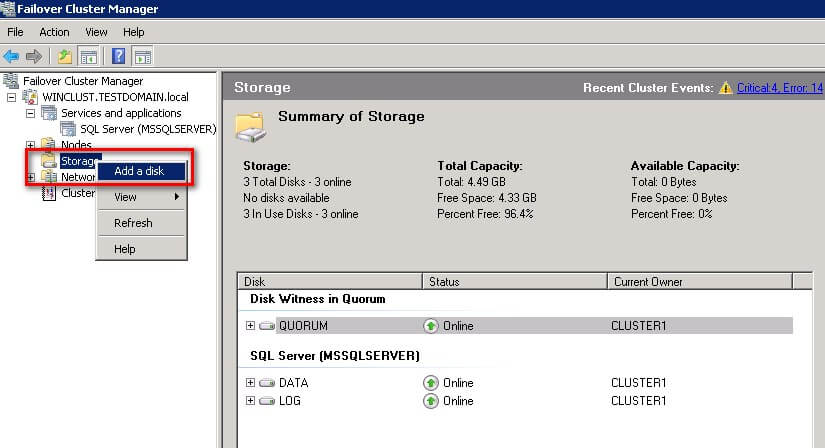 Failover Cluster Manager Add a disk