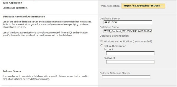 Identify a web application you want to associate with the content database in SharePoint 2010 Central Administration