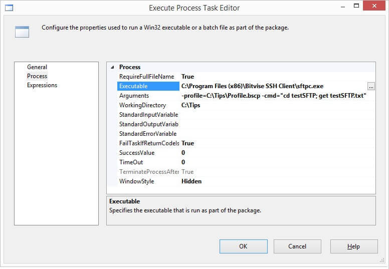 Set the processing properties in Execute Process Task Editor
