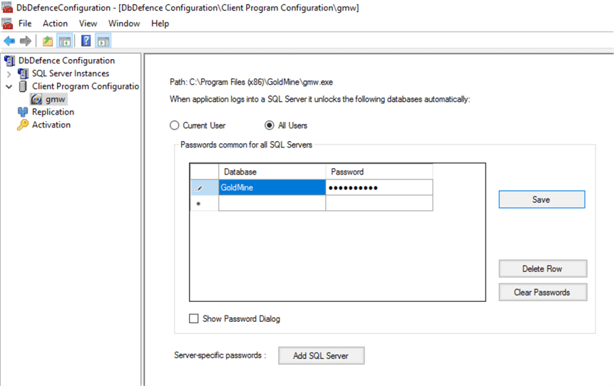 DbDefence Configuration Tool for application access