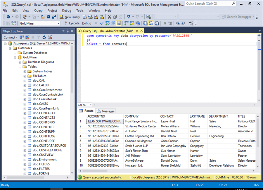 OPEN SYMMETRIC KEY and CLOSE SYMMETRIC KEY commands shown in SQL Server Management Studio