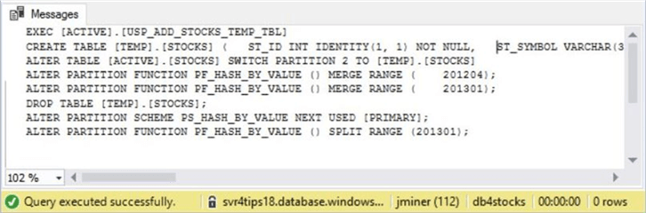Sliding Window - Delete oldest partition - Description: TSQL command dynamically executed by the USP_DEL_STOCKS_PARTITION stored procedure.