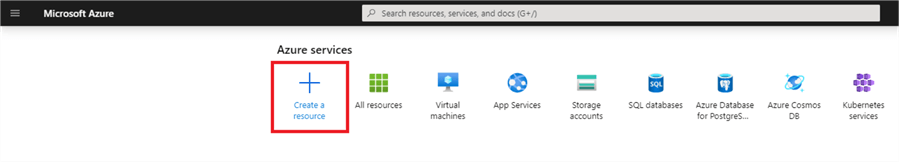 Displays the Azure portal, highlighting the button to press in order to create a new resource.