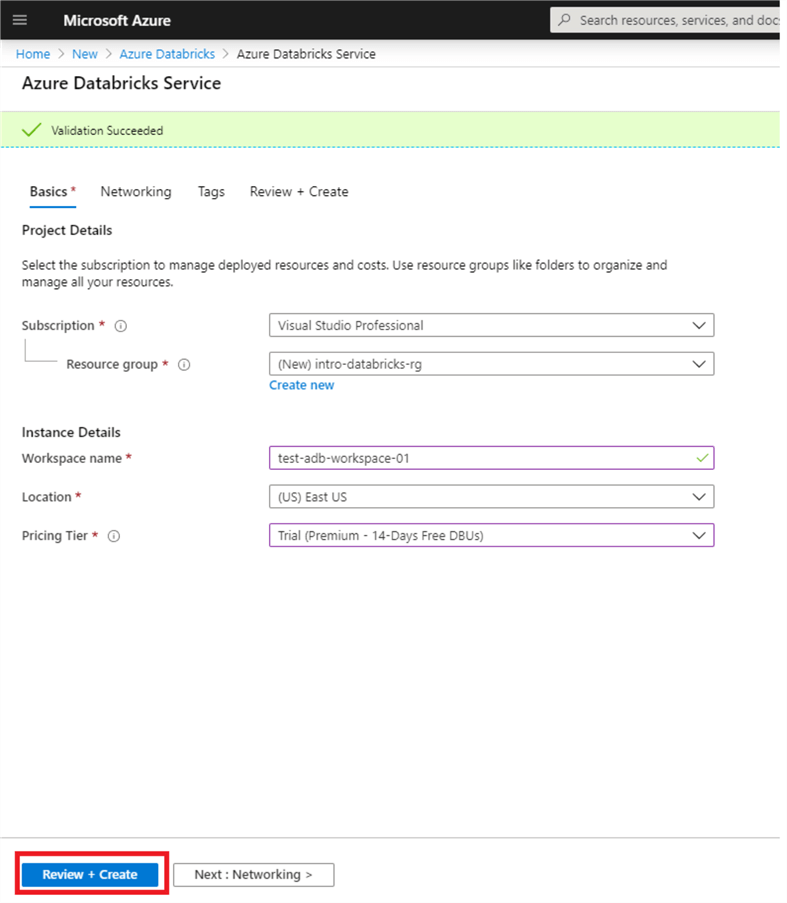 Displays the Basics tab for the form in the Azure Portal that is filled out to deploy a Databricks Workspace.