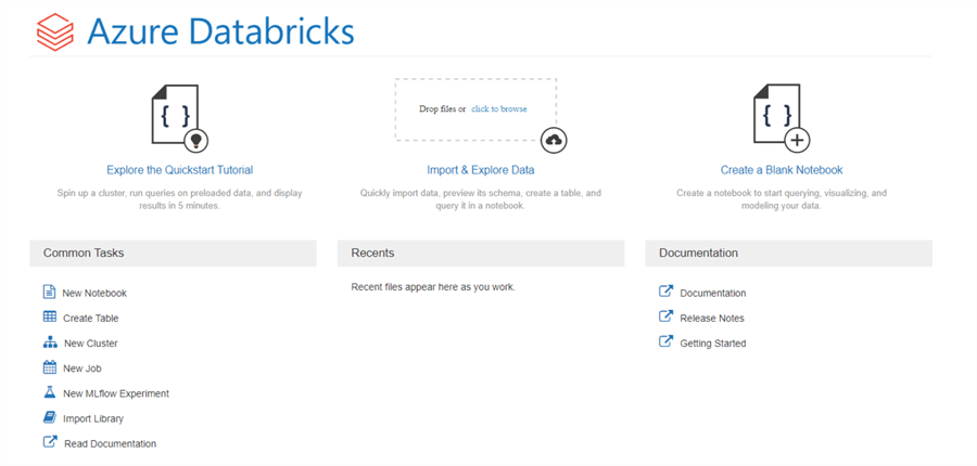 Zoom in of the Databricks workspace home screen to see different options.