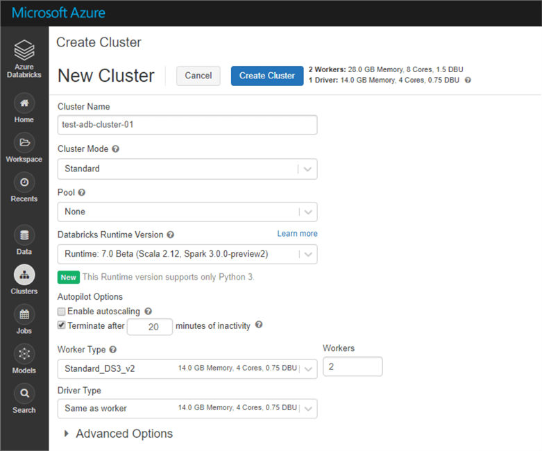 Shows the filled out form for creating a Databricks cluster.