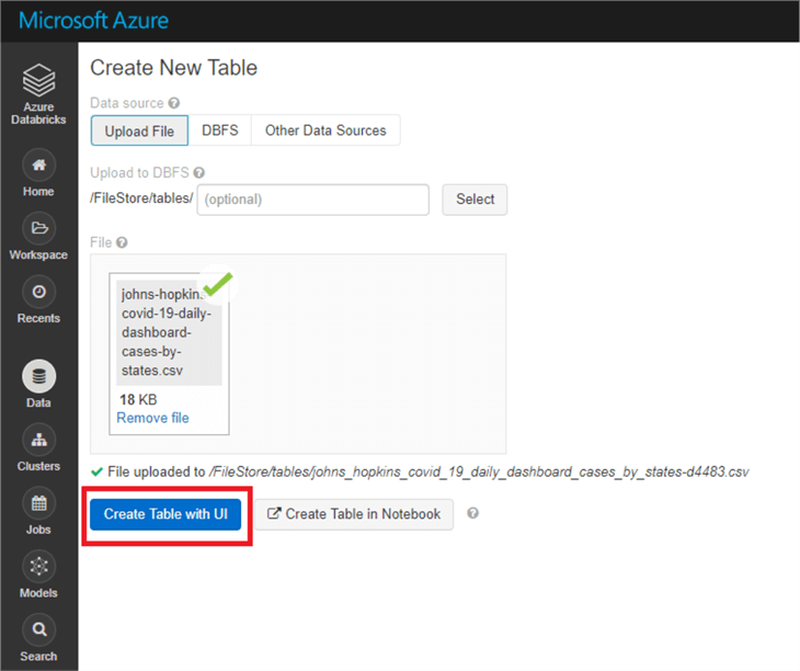 Shows the create table UI in the Azure Databricks workspace for uploading data. 