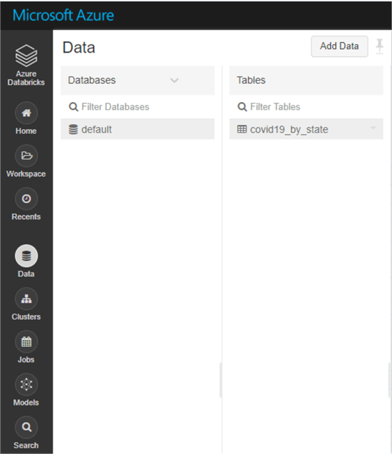 Shows the table just created in the data tab of the Databricks Workspace navigation panel.