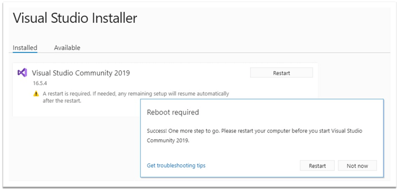 Visual Studio Community 2019 Reboot Required