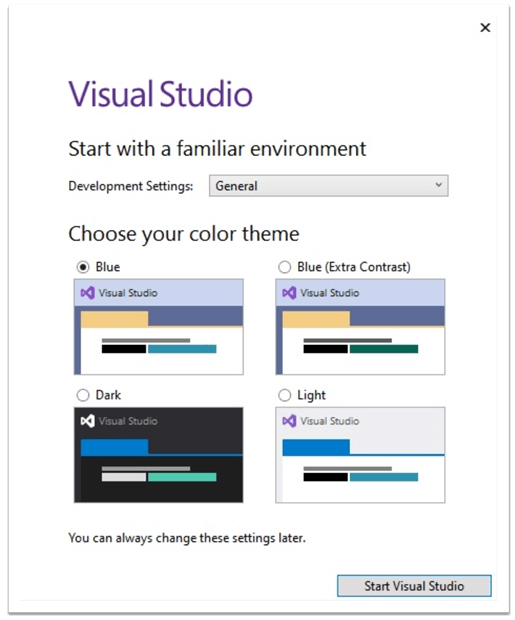 Visual Studio Community 2019 Edition Development Settings