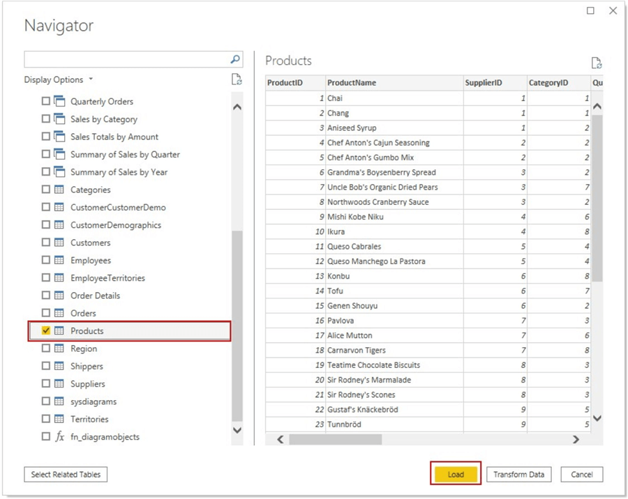 Importing Products table to Power BI desktop.