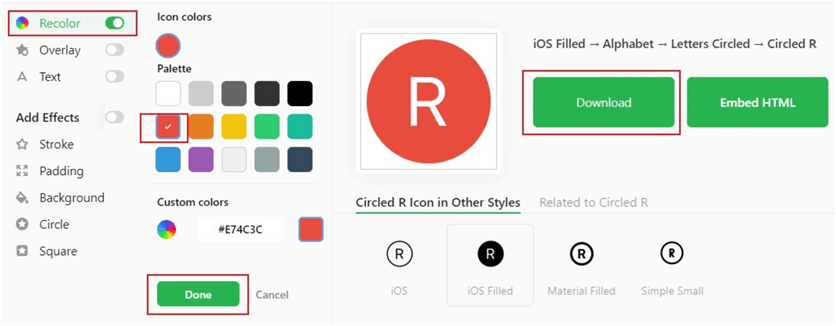 Snapshot showing how to customise icons in icons8.com 2