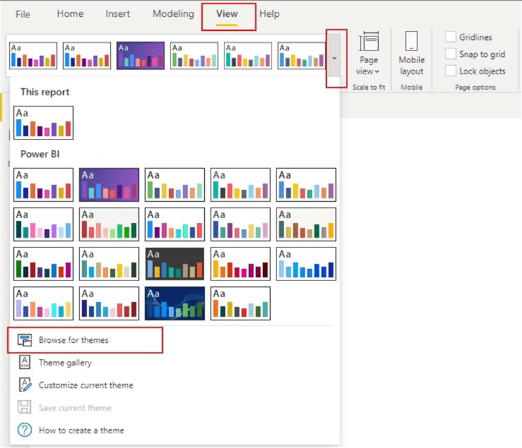 Snapshot showing how to import created json as themes in Power BI desktop.