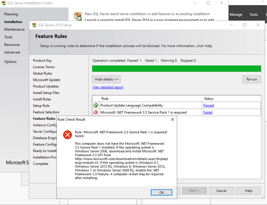 Rule Microsoft .Net Framework 3.5 Service Pack 1 is required failed.