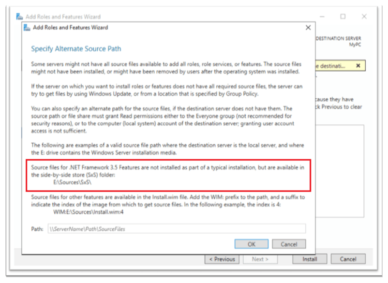 Source file for .NET Framework 3.5 Features are not installed as part of a typical installation