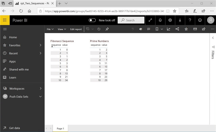Manage Power BI Datasets - Power BI report, first 10 numbers in the two sequences