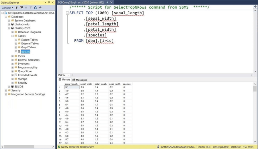 Manage Power BI Datasets - Iris dataset stored in Azure SQL table