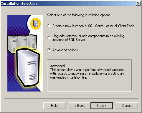 The Advanced Options choice in SQL Server 2000 Installation