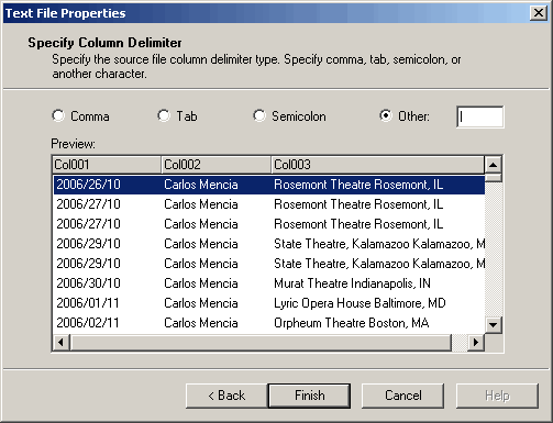 Preview of data in Text File (source) connection